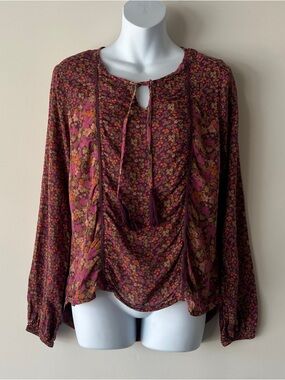 Prana Women's Faith Top Shirt Purple Floral Print Long Sleeve Blouse Size Small